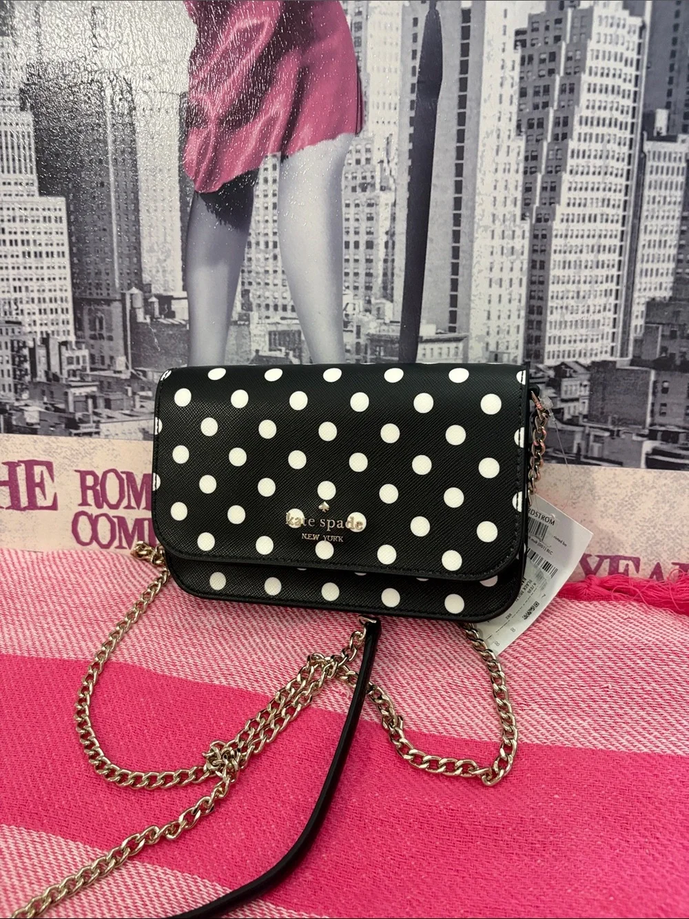 kate spade Black and White Polka Dot Crossbody with Gold Chain